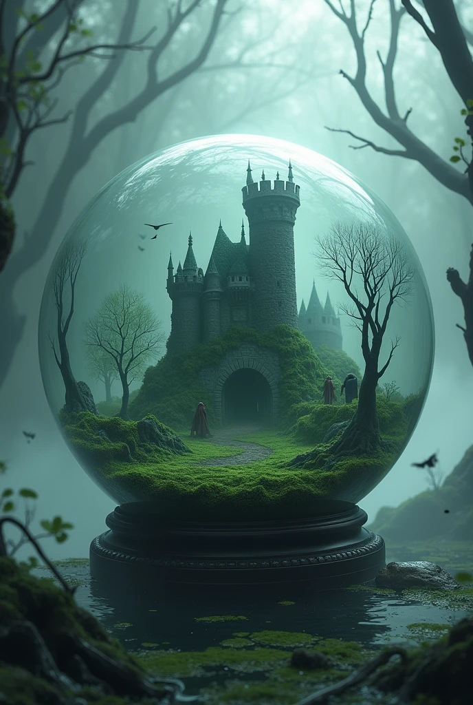 Glass globe, with a swampy kingdom inside and full of fog. With dark trees and a mossy stone castle with a single gargoyled tower