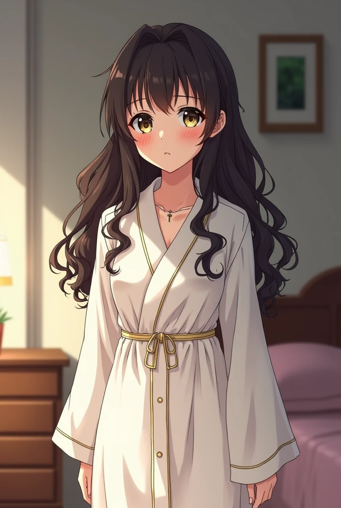 A manga high school girl dressed in an elegant and modest dressing gown in her room. She has dark brown hair, longs, curly and thick, she has a part in the middle of her head and no bangs. His eyes are brown-green. She wears a small Christian cross around her neck., she stands straight and facing forward. She is very tall. We see her from head to toe.