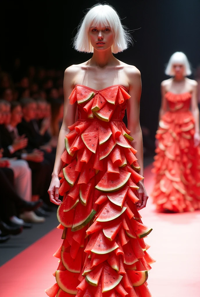 Imagine an avant-garde runway show featuring models wearing dresses made entirely of watermelon slices, showcasing the creativity and innovation in fashion design. The watermelon outfits could be adorned with intricate patterns or textures to create unique designs that exude style and individuality. In contrast, the models could wear white hair. --ar 69:128 --style raw --sref 695992723 405095850 2433968870 --personalize ae3yqyg --stylize 500 --weird 3 --v 6.1
