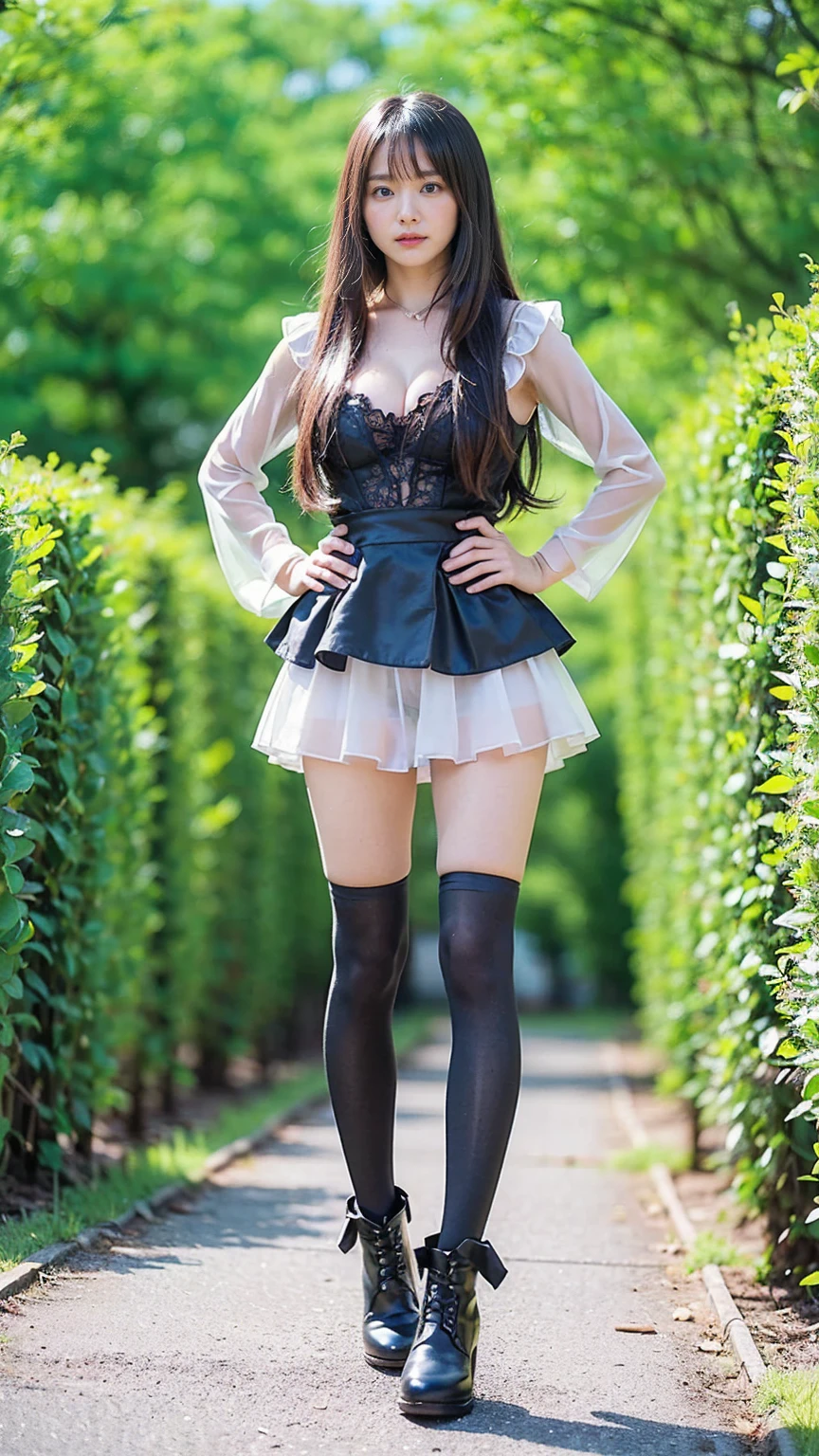 (8k、RAW Photos、Highest quality、masterpiece:1.2)、(Realistic、Realistic)、1 person、((black、Cleavage、See-through、garden、Frills、tights、mini skirt、Thin legs、whole body、boots、View from the front、Looking into the camera、Stand with hands on hips))、cute