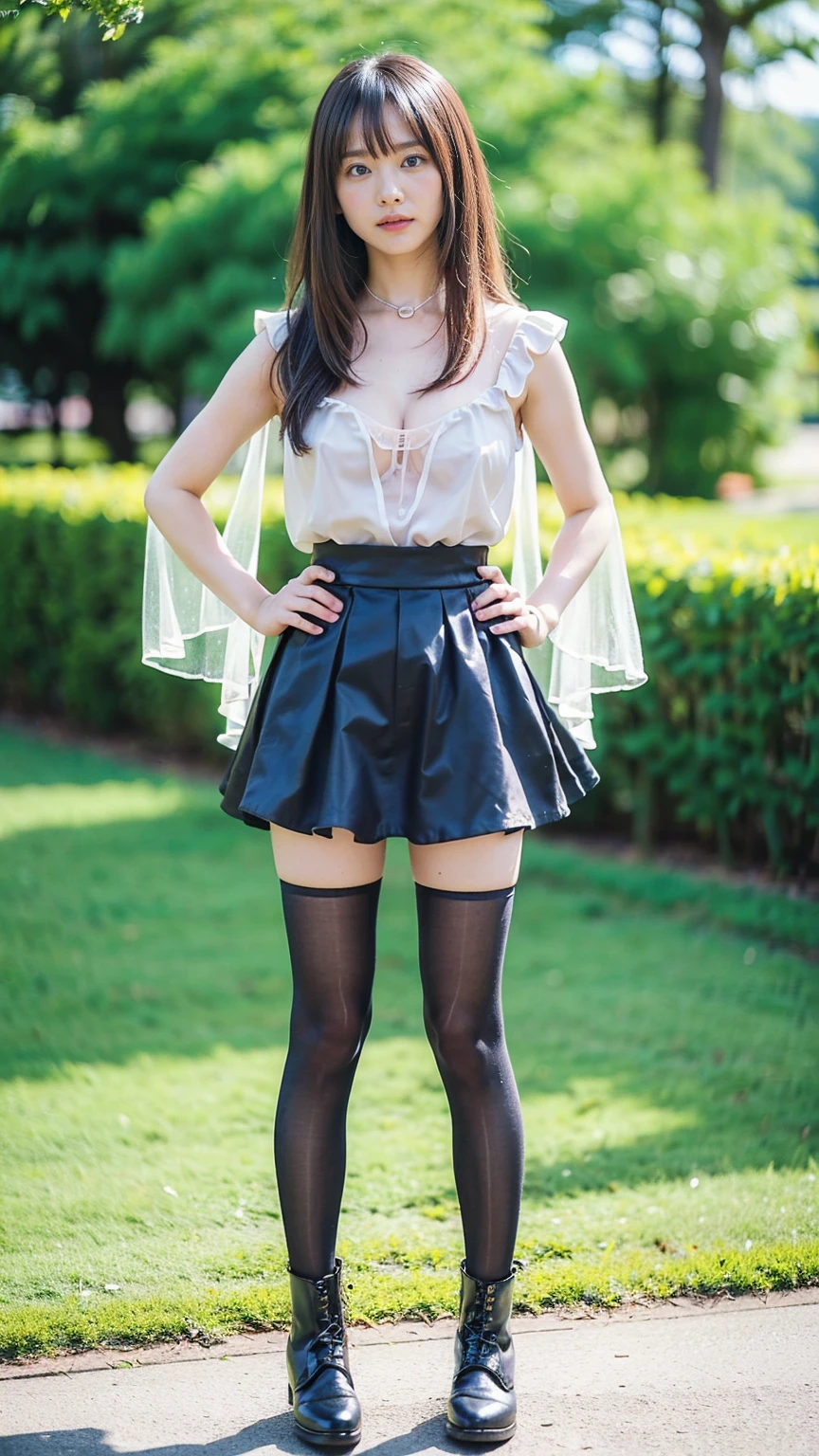 (8k、RAW Photos、Highest quality、masterpiece:1.2)、(Realistic、Realistic)、1 person、((black、Cleavage、See-through、garden、Frills、tights、mini skirt、Thin legs、whole body、boots、View from the front、Looking into the camera、Stand with hands on hips))、cute