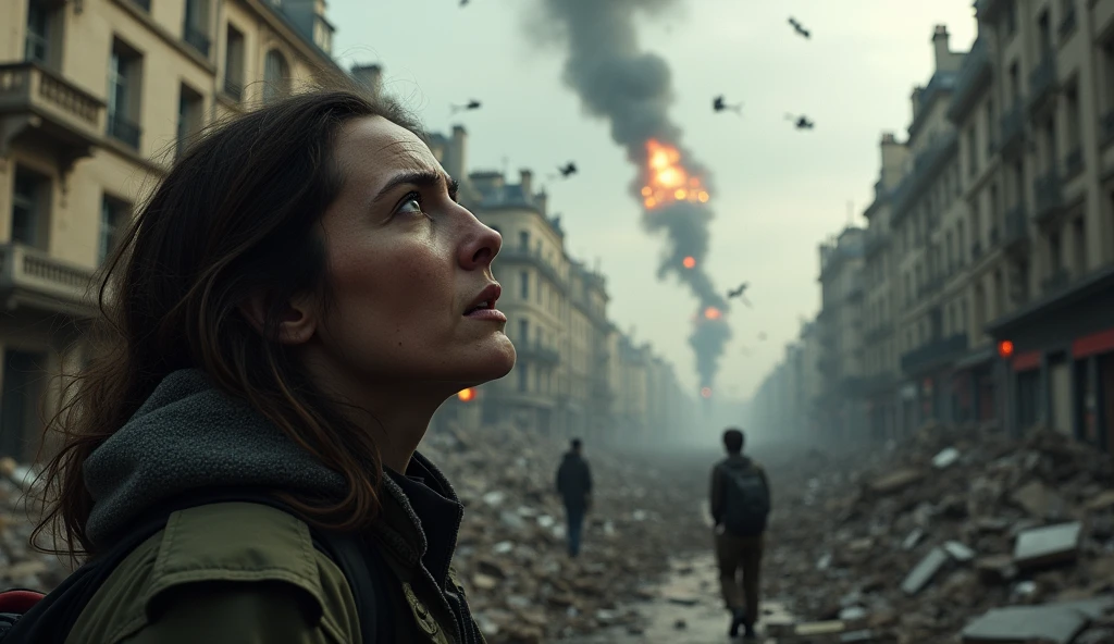 2024; (masterpiece, best quality) destroyed city (Paris)1sad people looking up(close-up); bombs falling from the sky.