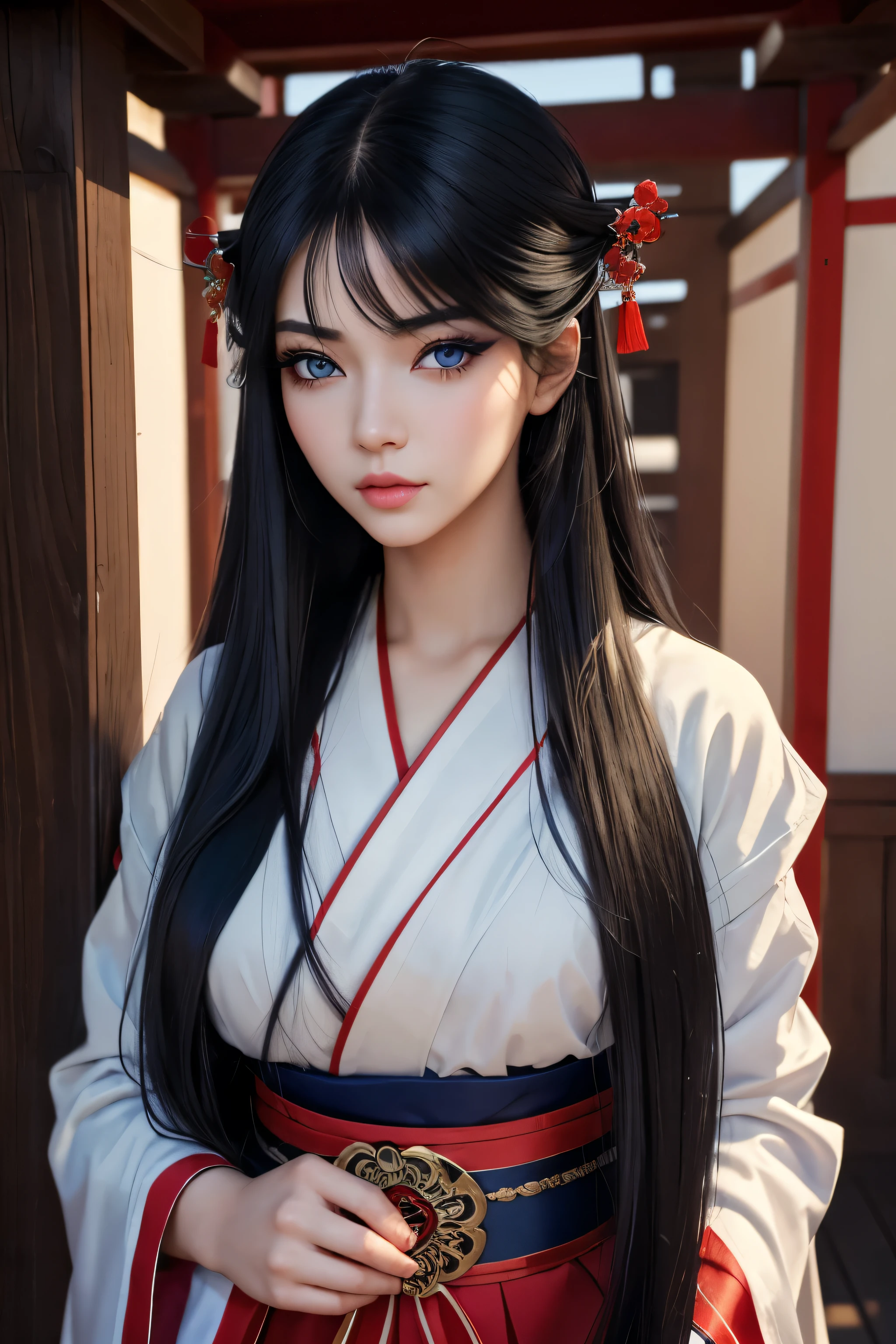 (best quality, masterpiece), 1girl, beautiful girl, Blue_eyes, ((hair color [Black hair], [long Straight] hair)), lips, Traditional Shrine Maiden Outfit,realistic, narrow waist, charming, plain makeup, Smoky eye shadow, Dark Eyeliner. long eyelashes, (cute), (detailed face), detailed eyes, detailed iris, 