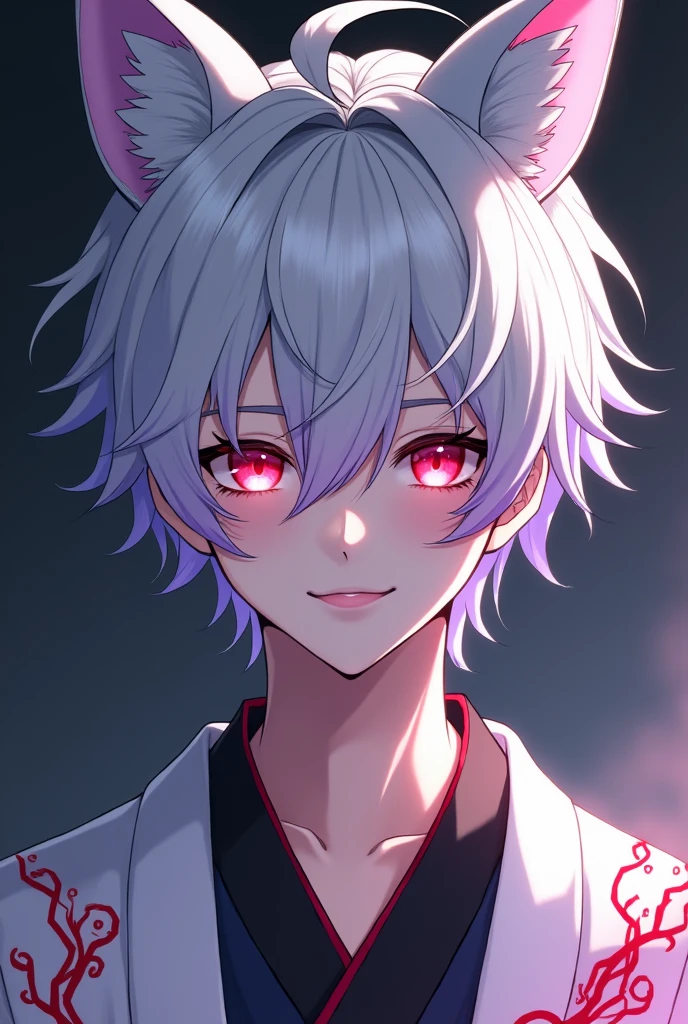 A detailed anime portrait of a young man with white hair and purple highlights, wearing a white kimono with intricate red and black patterns, fox-like ears, and red eyes, (best quality,4k,8k,highres,masterpiece:1.2),ultra-detailed,(realistic,photorealistic,photo-realistic:1.37),extremely detailed face and eyes, beautiful detailed lips, long eyelashes, delicate facial features, dramatic lighting, vibrant colors, intricate kimono patterns, glowing eyes, fantasy, digital art