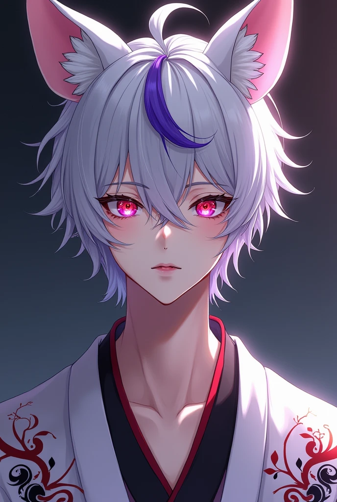 A detailed anime portrait of a young man with white hair and purple highlights, wearing a white kimono with intricate red and black patterns, fox-like ears, and red eyes, (best quality,4k,8k,highres,masterpiece:1.2),ultra-detailed,(realistic,photorealistic,photo-realistic:1.37),extremely detailed face and eyes, beautiful detailed lips, long eyelashes, delicate facial features, dramatic lighting, vibrant colors, intricate kimono patterns, glowing eyes, fantasy, digital art