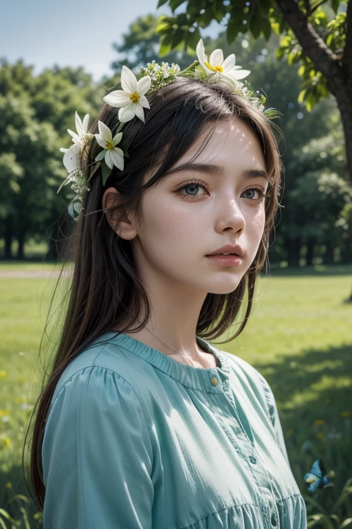 forst, flowers, TREES, green grass birds, butterflys, BLUE SKY, cinematic, realistic, portrait 