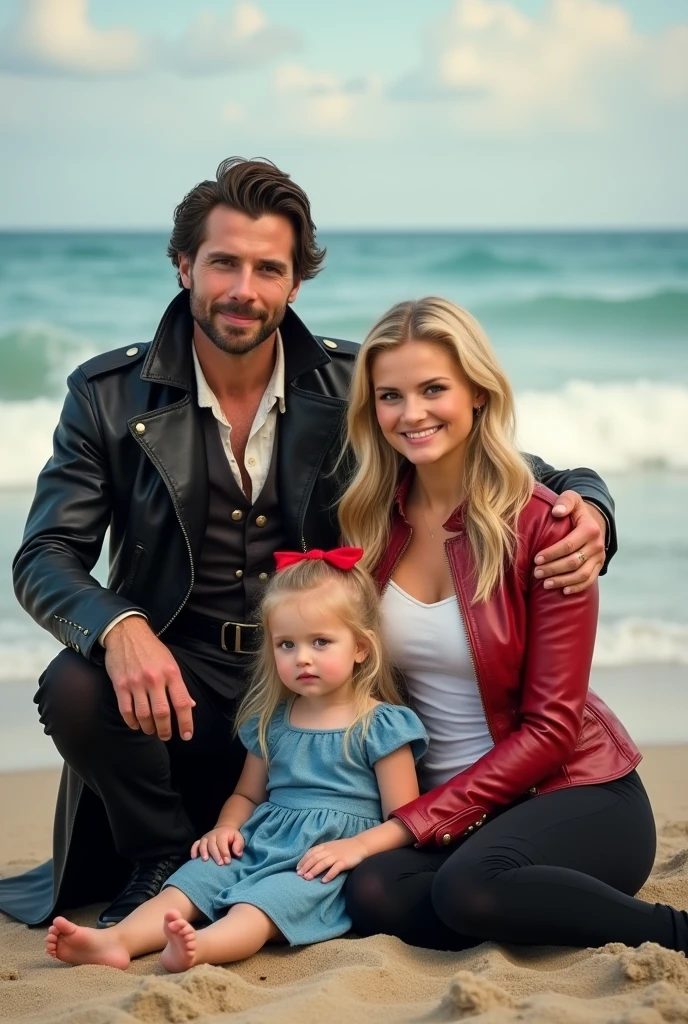 Colin O'Donoghue as Killian Jones and Jennifer Morrisson as Emma Swan with their blond daughter. She has a red bow in her hair and wears a blue dress. Emma wears black trousers, a white tshirt and a red leather jacket and Killian wears his typical pirate coat and has short hair They are happy and face the camera. They are sitting in the sand on the beach. The sun shines and there is a small breeze in the air. Draw it fullbody, hyperrealistic with a slight touch of magic.