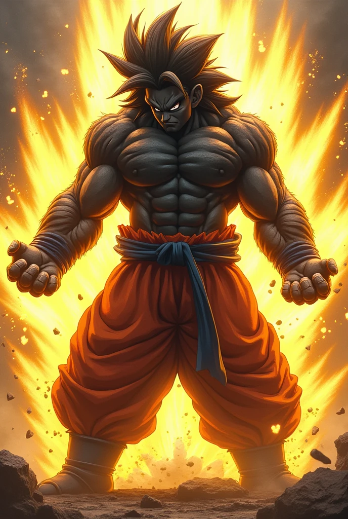 Make goku like black bear and in hand kamehameaa And six pack and some Goku like clothes  and yellow aura and some hair on head and kamehameaa 
