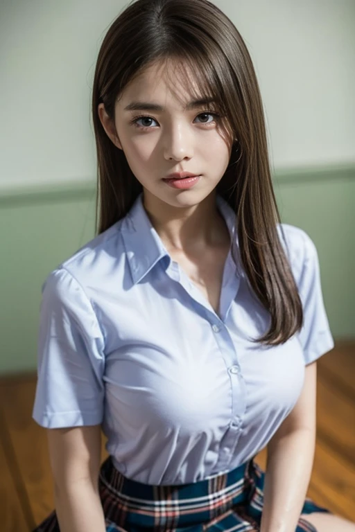 highest quality,Beautiful Japanese high School girl, masterpiece, light makeup, black hair, School, beautiful, elegant. super fine details, work, authentic texture, realistic movie lighting, perfect work, 8k, hd, exquisite features, uniform, white blouse, mini skirt, Chubby body type, big and bright eyes, big breasts, whole body