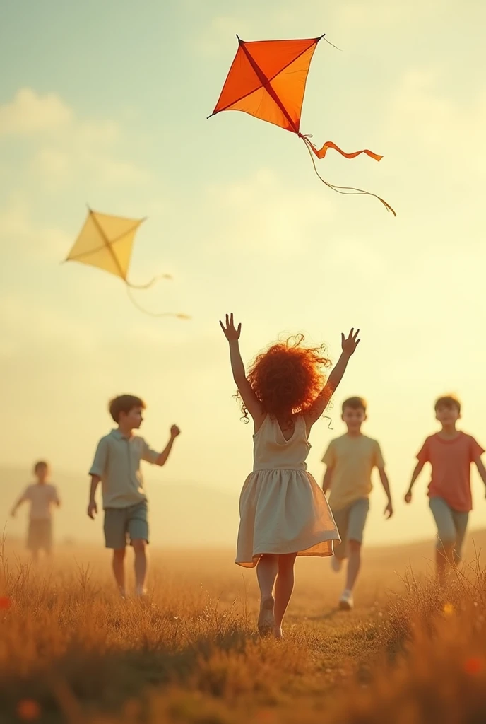 A 2 redhead girl, has fun flying kites with boys .Filtro Foggy, David Hamilton Style.