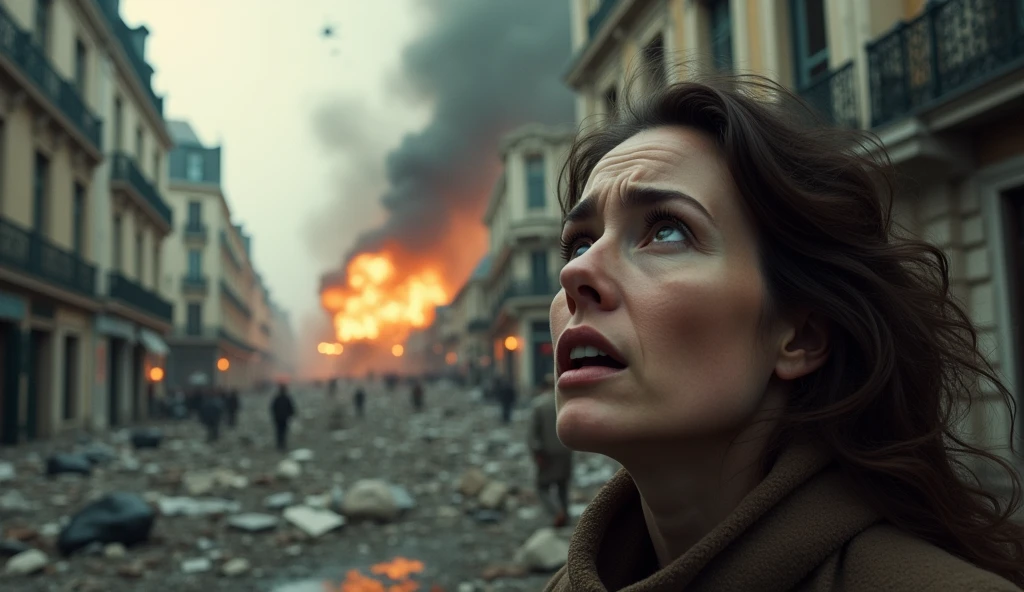 1912; (masterpiece, best quality) destroyed city (Paris)1scared woman looking up(close-up); bombs falling from the sky.