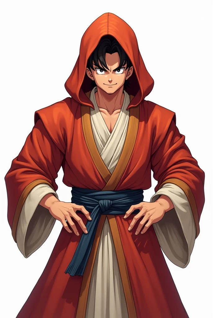 (Realistic,Realistic:1.37),Ultra-detailed,Detailed illustration of Goku(be familiar with,Emotional,Expressive,Features), Dragon Ball Z, Sun Wukong, White innerwear, Jedi Robe, Hooded Robe, Red Robe, Front opening robe, Put on the hood, Wear on the head, No muscle, Hide the head, Hands on hips, smile, smiling, Smile, smile, teeth, Simple Background, White background