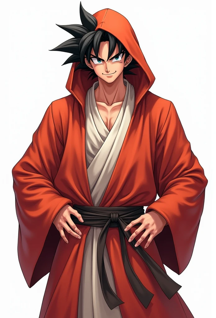 (Realistic,Realistic:1.37),Ultra-detailed,Detailed illustration of Goku(be familiar with,Emotional,Expressive,Features), Dragon Ball Z, Sun Wukong, White innerwear, Jedi Robe, Hooded Robe, Red Robe, Front opening robe, Put on the hood, Wear on the head, No muscle, Hide the head, Hands on hips, smile, smiling, Smile, smile, teeth, Simple Background, White background