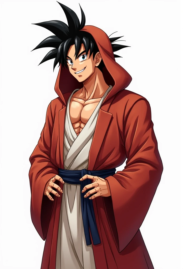 (Realistic,Realistic:1.37),Ultra-detailed,Detailed illustration of Goku(be familiar with,Emotional,Expressive,Features), Dragon Ball Z, Sun Wukong, White innerwear, Jedi Robe, Hooded Robe, Red Robe, Front opening robe, Put on the hood, Wear on the head, No muscle, Hide the head, Hands on hips, smile, smiling, Smile, smile, teeth, Simple Background, White background