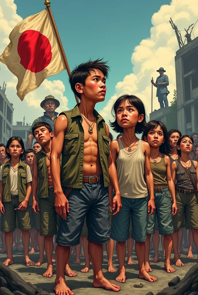 Create a detailed caricature that captures the suffering and resilience of the Filipino people during the Japanese occupation in World War II. Depict a scene with a somber, yet defiant tone. Show a group of Filipino civilians, visibly emaciated and traumatized, standing together with a backdrop of destruction—perhaps the ruins of Manila or the harsh conditions of the Bataan Death March. Include symbols of Japanese brutality, such as a menacing soldier or imagery representing forced labor and violence. However, also incorporate elements of resistance and nationalism—Filipino fighters or civilians holding the Philippine flag, a figure leading a resistance movement, or a symbol of hope and unity. The style should exaggerate the emotional expressions, highlighting the despair, anger, and determination of the Filipino people.