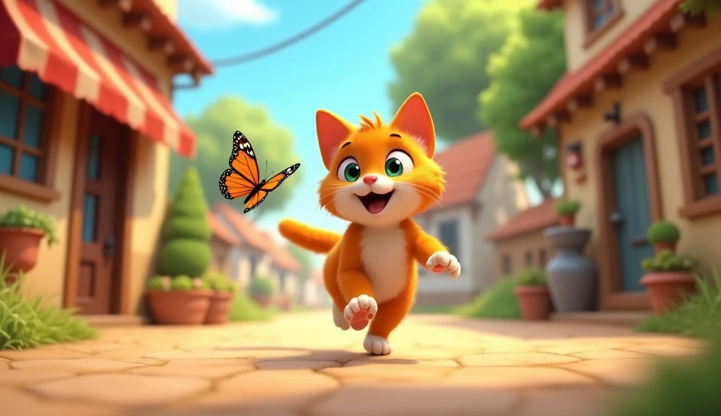 Design a charming and engaging YouTube thumbnail for the story 'Whiskers' Adventure: A Tale of Curiosity and Friendship.' The thumbnail should feature Whiskers, the curious orange and white cat, in mid-chase as he follows a colorful butterfly through a lively village setting. Whiskers should have an excited and playful expression, with the butterfly just out of reach.
In the background, include elements of the village, such as cozy houses, trees, and the inviting entrance of a small bakery. Add a touch of warmth by using soft, sunny colors that reflect the friendly and adventurous tone of the story. The title 'Whiskers' Adventure: A Tale of Curiosity and Friendship' should be prominently displayed in a fun, easy-to-read font. The overall design should capture the spirit of adventure, curiosity, and the joy of making new friends.