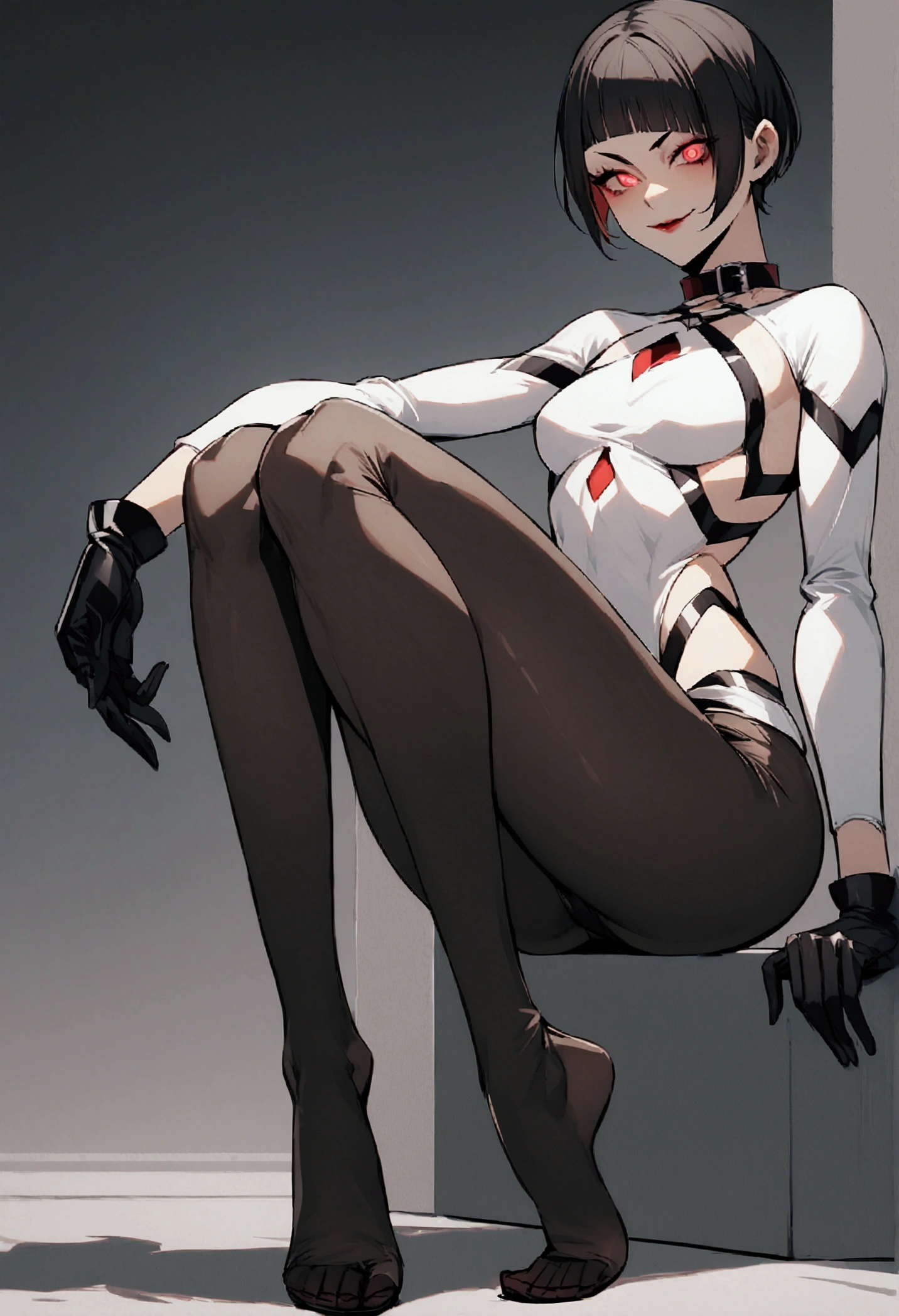 The eyes,fully body,sitting with legs open,alone,short hair,work of art,face detailed,young fitness linda,Wearing black pantyhose,tight white sweater with collar ,neckleace,evil smile,red eyes glowing,labiaa,eye shadow,bangs on the eyes,black gloves,usando The eyes,full body on display,corpo sexy
