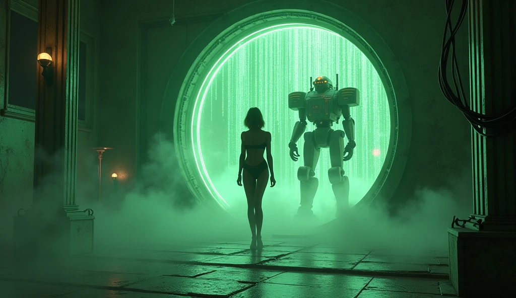 (Analog photography.1950 style) a portal to the matrix, a figure of an ultra hot gorgeous European woman.age 23. Voluptuous hourglass body. Epic cleavage. (100 E size).standing in the center of a glowing, futuristic portal, intricate cyberpunk architecture, neon lighting, glowing digital matrices, volumetric fog, cinematic lighting, hyper-detailed, 8k, photorealistic, dramatic, sci-fi, moody, dark colors. 1930 clunky rusty evil war robot in background.