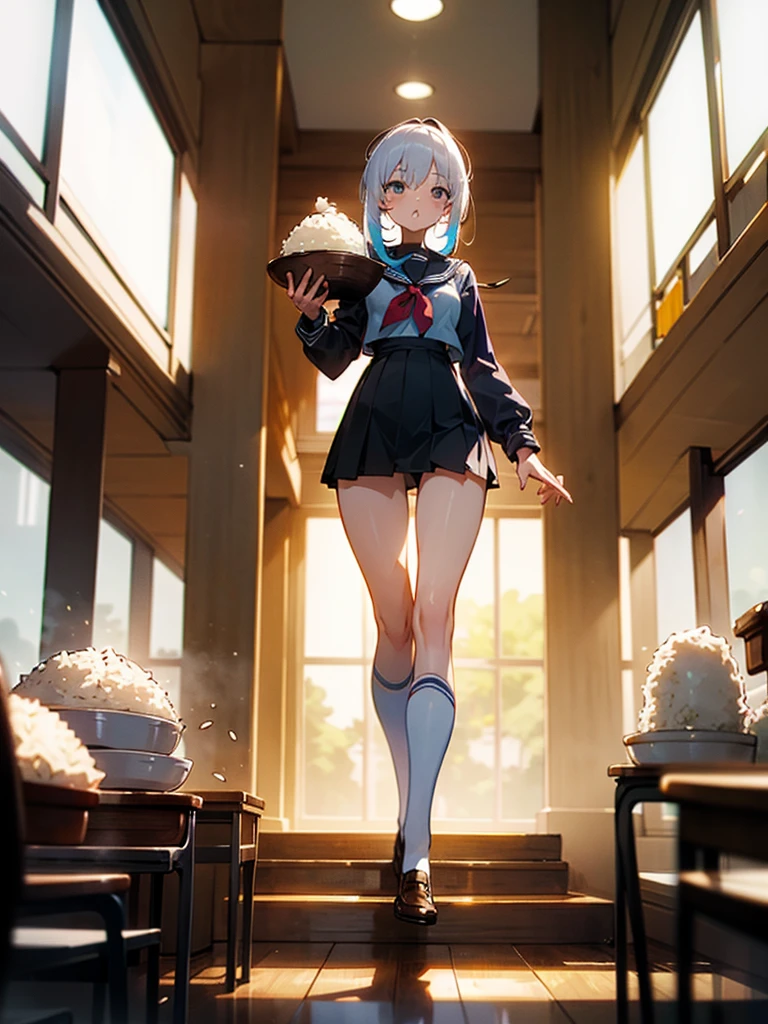 (Masterpiece), (best quality), white haired girl, something sweet, colored school uniform, black skirt, Cafeteria floor, ((eat rice)) , ((proportional body))