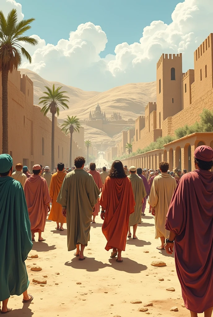 The people of Israel walking in the clothes of Jesus&#39; time half animated drawing 