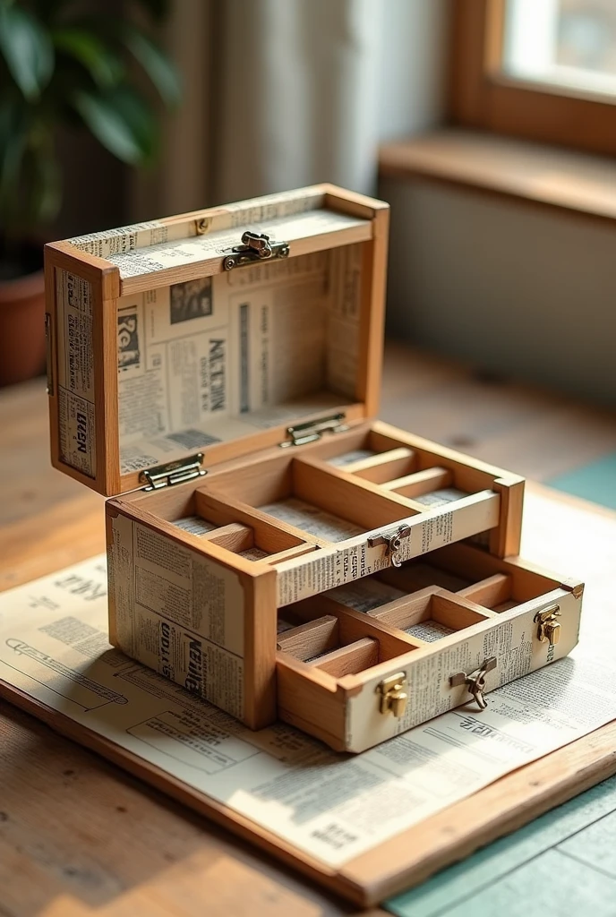 Create a newspaper craft  box with a cutting mat underneath it box 
