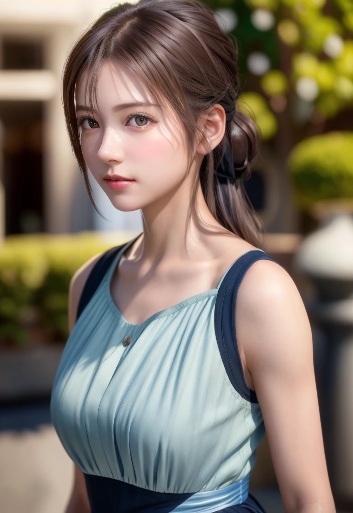 8K, of the highest quality, masutepiece:1.2), (Realistic, Photorealsitic:1.37), of the highest quality, masutepiece, Beautiful young woman, Pensive expression,、A charming、and an inviting look, Cute Maid Clothes, Hair tied back, Cinematic background, Light skin tone