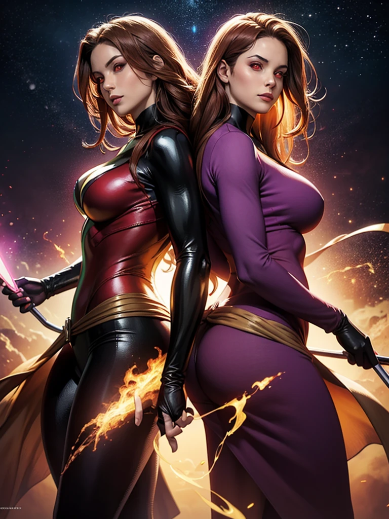 2 characters, 1girl, 1man, duo, BREAK: Gambit from X-men, Jean Grey from X-men, Gambit and Jean Grey stand back to back, BREAK: Gambit wears a bespoke tuxedo, holding "The Tower" Tarot card that glows with energy, smirking expression BREAK: Jean Grey wears a red bodycon dress, holding a modern heavy pistol made of flames, BREAK: they stand back-to-back in an action pose, they are set against a starry cosmic void with a swirl of energy at their feet, BREAK: 16k, award winning digital art, detailed faces, vivid colors, studio lighting, sharp focus, physically based rendering, detailed eyes, beautiful detailed hands, best hands, perfect hands, correct anatomy, human anatomy 