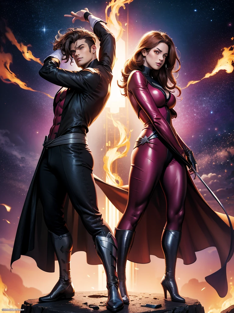 2 characters, 1girl, 1man, duo, BREAK: Gambit from X-men, Jean Grey from X-men, Gambit and Jean Grey stand back to back, BREAK: Gambit wears a bespoke tuxedo, holding "The Tower" Tarot card that glows with energy, smirking expression BREAK: Jean Grey wears a red bodycon dress, holding a modern heavy pistol made of flames, BREAK: they stand back-to-back in an action pose, they are set against a starry cosmic void with a swirl of energy at their feet, BREAK: 16k, award winning digital art, detailed faces, vivid colors, studio lighting, sharp focus, physically based rendering, detailed eyes, beautiful detailed hands, best hands, perfect hands, correct anatomy, human anatomy 