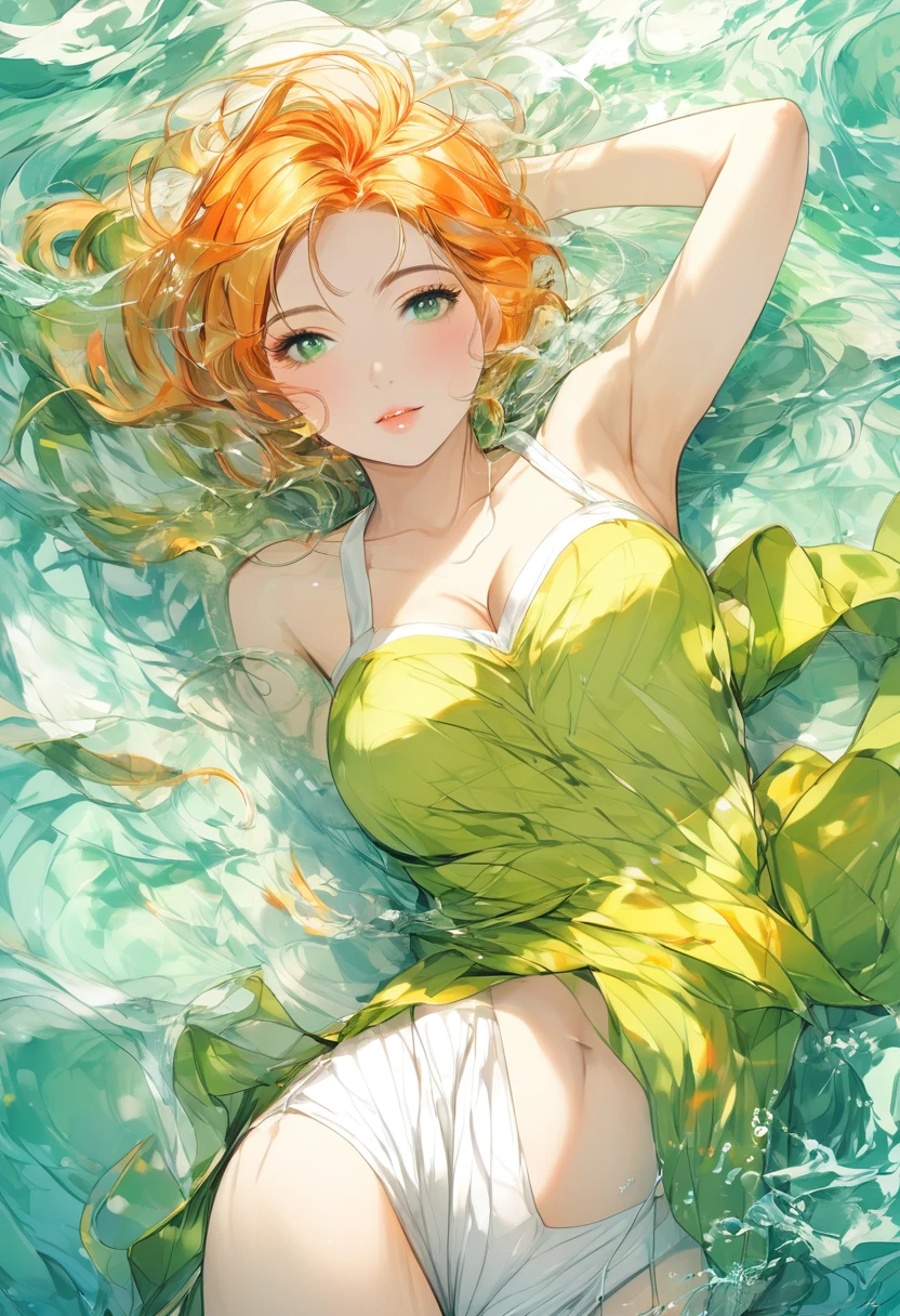 1girl, elegant erotic beautiful girl, big breasts, ((short orange hair)), hair is short, ((green ribbon in hair)), maxi dress, adultery, indecent, vulgar, Nakano Yotsuba, intricate details, delicate facial features, beautiful blue eyes, ulzzang, long eyelashes, small nose, full lips, porcelain skin, natural lighting, warm color palette, chiaroscuro lighting, dramatic shadows, sensual, alluring, mature themes, artistic, dreamlike, ethereal, ((arms behind back)), thigh highs, ((white panties)), sideboob, cleavage, looking at viewer, ulzzang, (blue eyes),