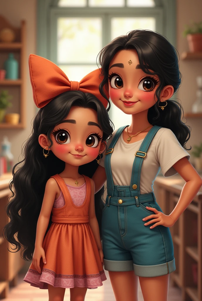 create an image of a beautiful kawaii style Mexican girl with 2 big bows in her beautiful hair together with her entrepreneurial mother.