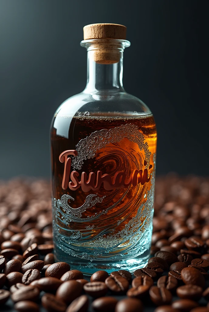 A coffee
 glass bottle named tsunami at 
coffee beans 
