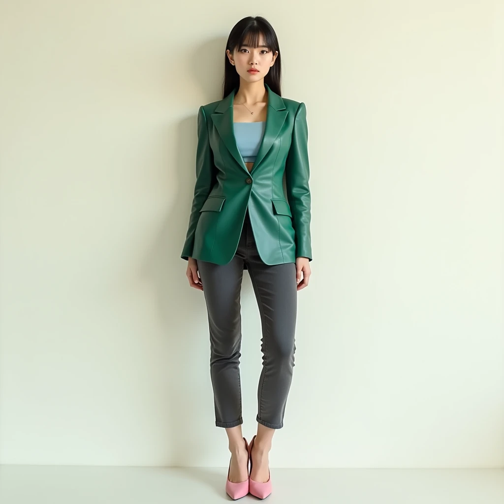 captured with a Sony α7 III camera, young Asia, an narrow waist, wide hips, and a full bust. The proportions are highly stylized, with a sharp contrast between the tiny waist and the expansive curves of the hips and chest, full body shot, fitted leather belted blazer Emerald green in color, inner Blouse Blush pink, high heels Blush pink, standing straight, creamy white background.