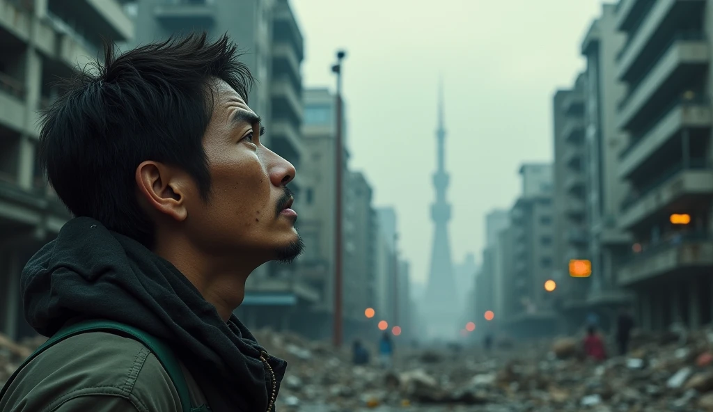 2024; (masterpiece, best quality) destroyed city (Tokyo)1sad man looking up(close-up); bombs falling from the sky.