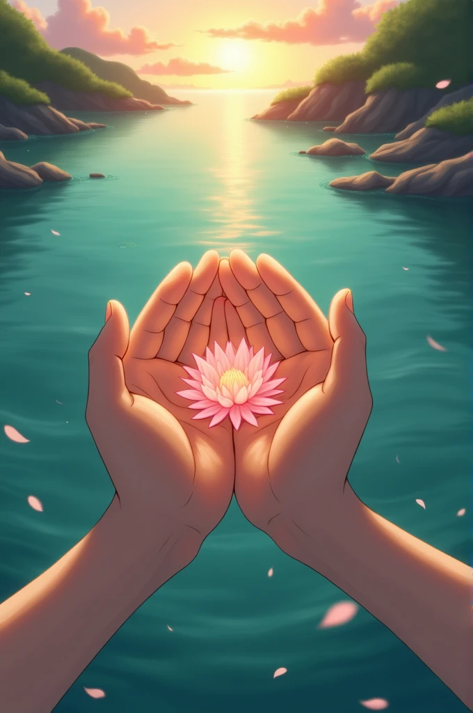 Laptop wallpaper of Enclose with both hands、((Thank you Hisui, Let's continue to enjoy seaartの文字))、photograph、Emerald、With the sunset on the coast as a backdrop