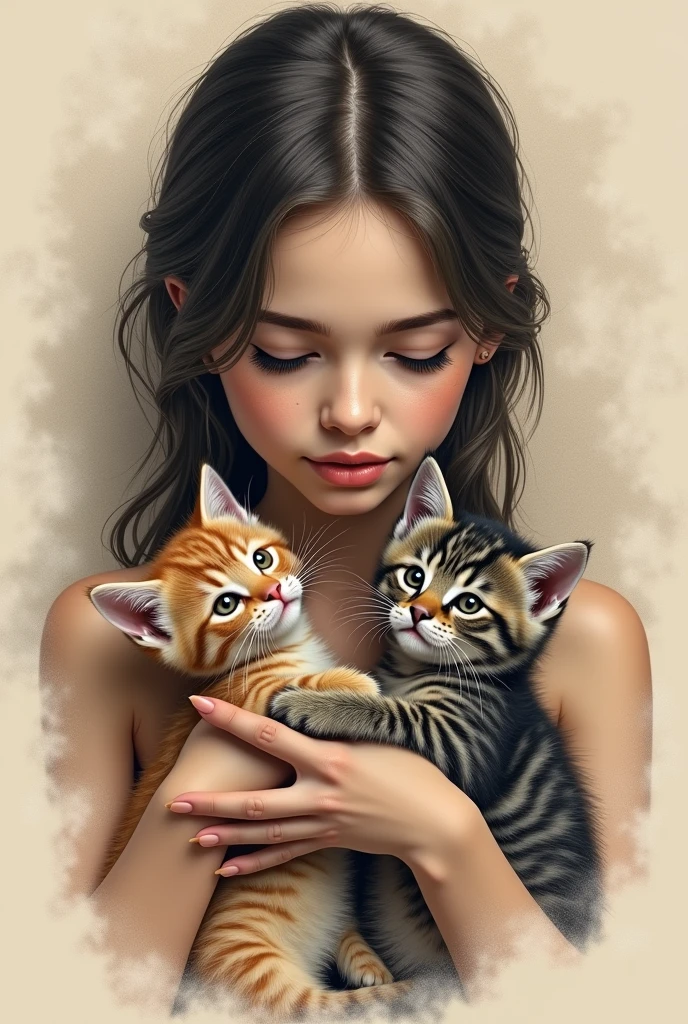Tattoo design depicting a woman with two kittens
