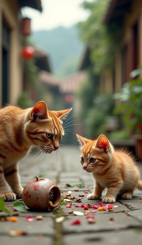 make me a realistic photo in a small village, The mother cat with an angry facial expression approached the orange kitten who had broken the flower vase to the floor