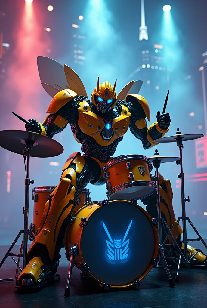 Bumblebee from movie transformer playing drum on stage, smoke background,, ((cyberpunk style)), Hi-Tech city, mechanical enhancement, (high-tech fantasy), robotics, blade runner 2049
