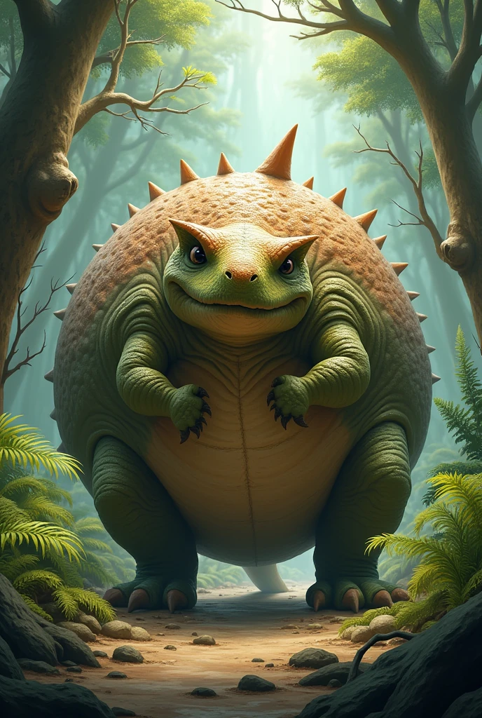 A dinosaur in the shape of a ball 


