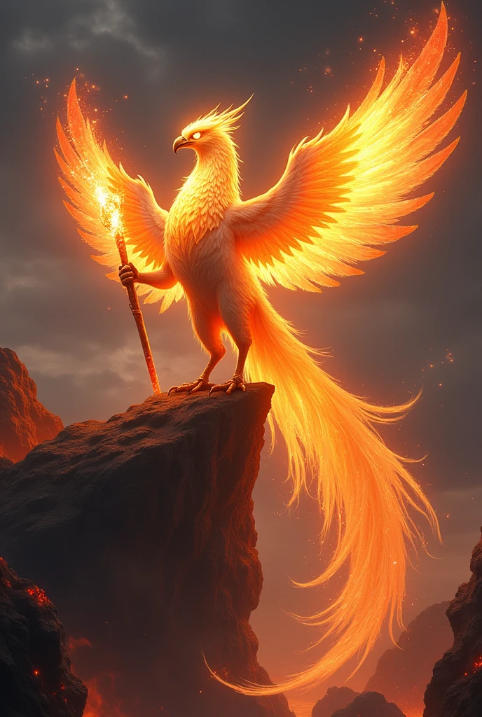 In a mystical, twilight landscape, an awe-inspiring anthropomorphic phoenix stands tall on a rocky precipice, its humanoid form a perfect fusion of majestic avian grace and powerful human musculature. The creature's fiery wings spread wide, made of vibrant, dancing flames in shades of gold, crimson, and orange that illuminate the darkening sky. Its face, a blend of noble bird and human-like features, exudes ancient wisdom and fiery determination, with glowing ember eyes that seem to pierce through the soul. Its hands, ending in sharp talons, hold a blazing staff that crackles with arcane energy. The phoenix's feathered body glows with an intense heat, each plume intricately detailed and trailing embers, as it stands as a guardian of rebirth and destruction. The surrounding landscape, scorched and glowing under the phoenix's heat, adds to the epic and otherworldly atmosphere of this legendary figure poised between worlds