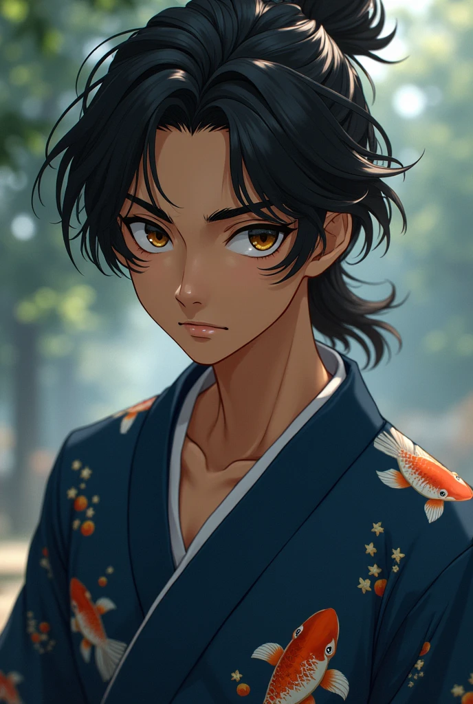 Male character Teenager with brown skin and black hair pulled back, dark brown eyes, wearing a dark blue kimono with a goldfish print, demon slayer anime style