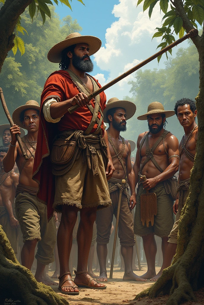 place the white Portuguese women ordering the Brazilian Indians to work and boats behind the landscape indicating that they have just landed and place weapons and whips in the hands of the Portuguese and spades in the hands of the Indians