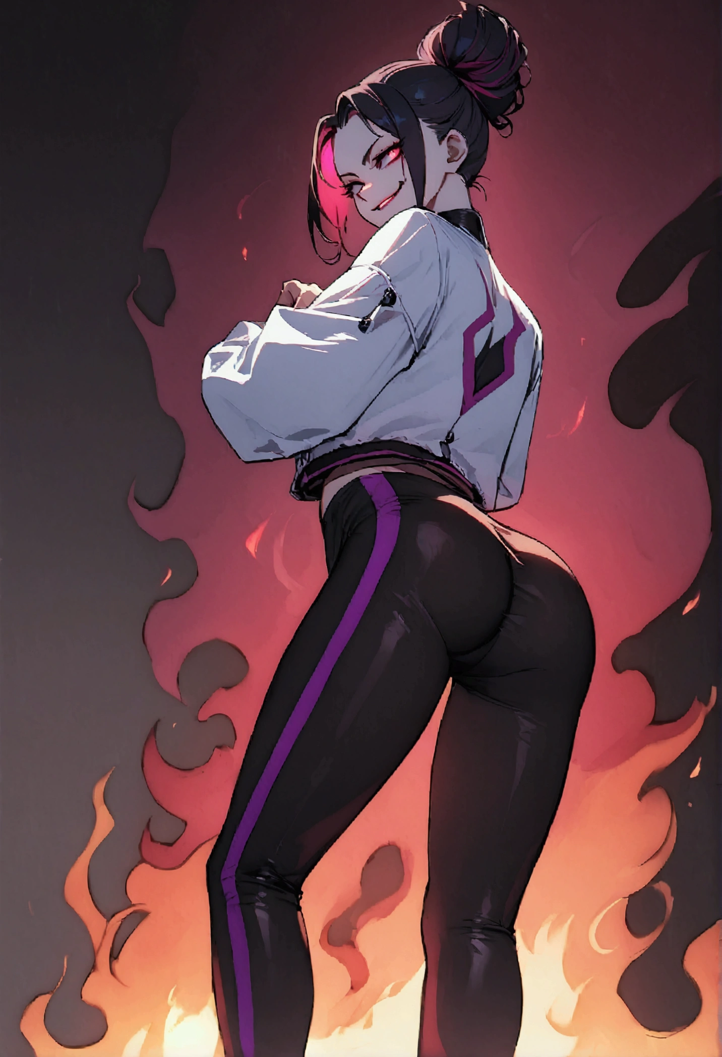 standing,standing backwards,looking back,shorth hair,Eyes red,white tight jacket on fire,tight black leggings,purple and red aura,evil smile
