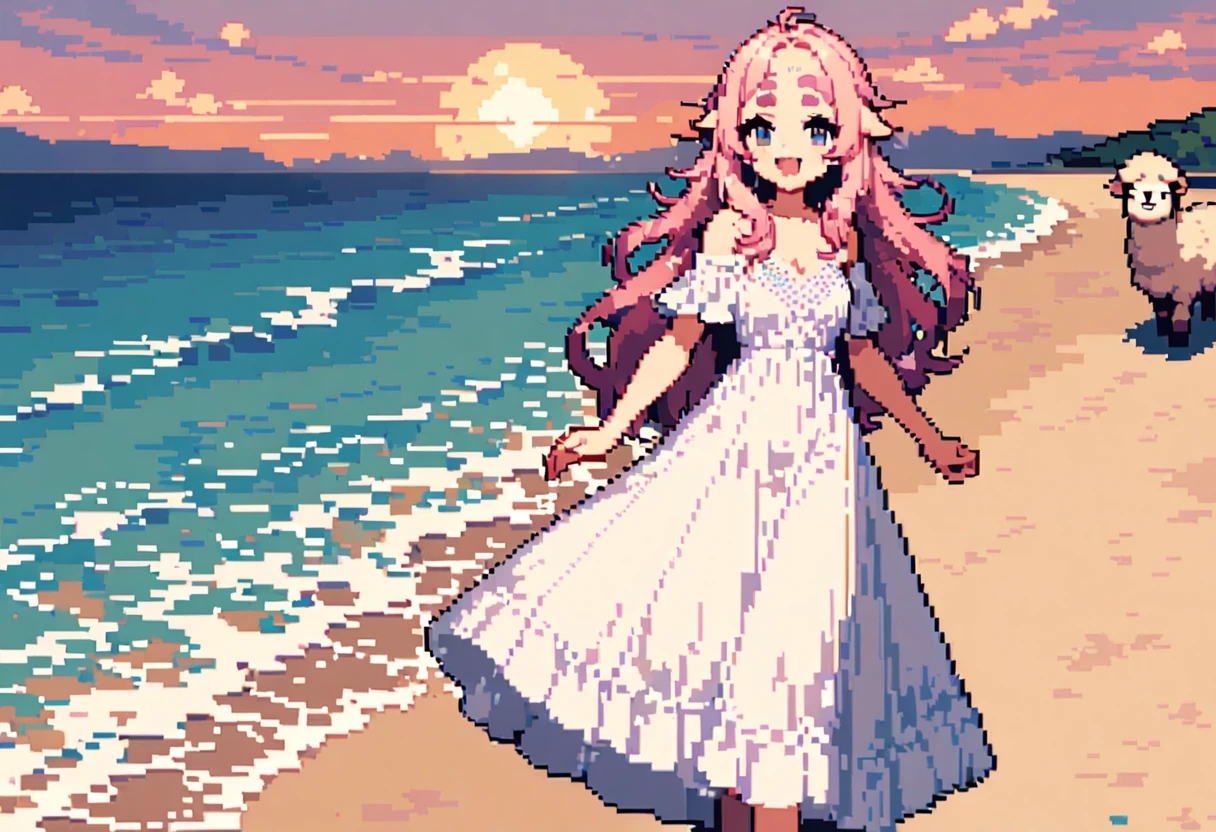 masterpiece, Highest quality, 8k, \(Pixel art, Vivid, Highest quality\), \((One person)), (young woman, Open your mouth, Fluffy hair, Long Hair, Hair like sheep's hair, Pink Hair, eyebrow, 太いeyebrow, White dress, Straw hat, High heel sandals\), (Highest quality:1.0), (\Seaside, Walking on the beach, evening\), One Alpaca