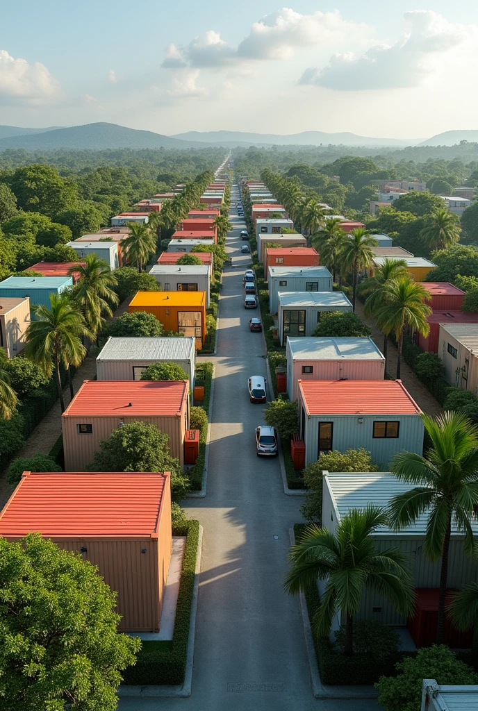  Container estate nice looking houses kind of small in uganda entebbe with a car road in the middle of the estate and different containers sizes ,colors with palm trees along the road and small middle big houses well designed cars parked along the road and the container should more for some houses the estate should be along side the entebbe express highway 