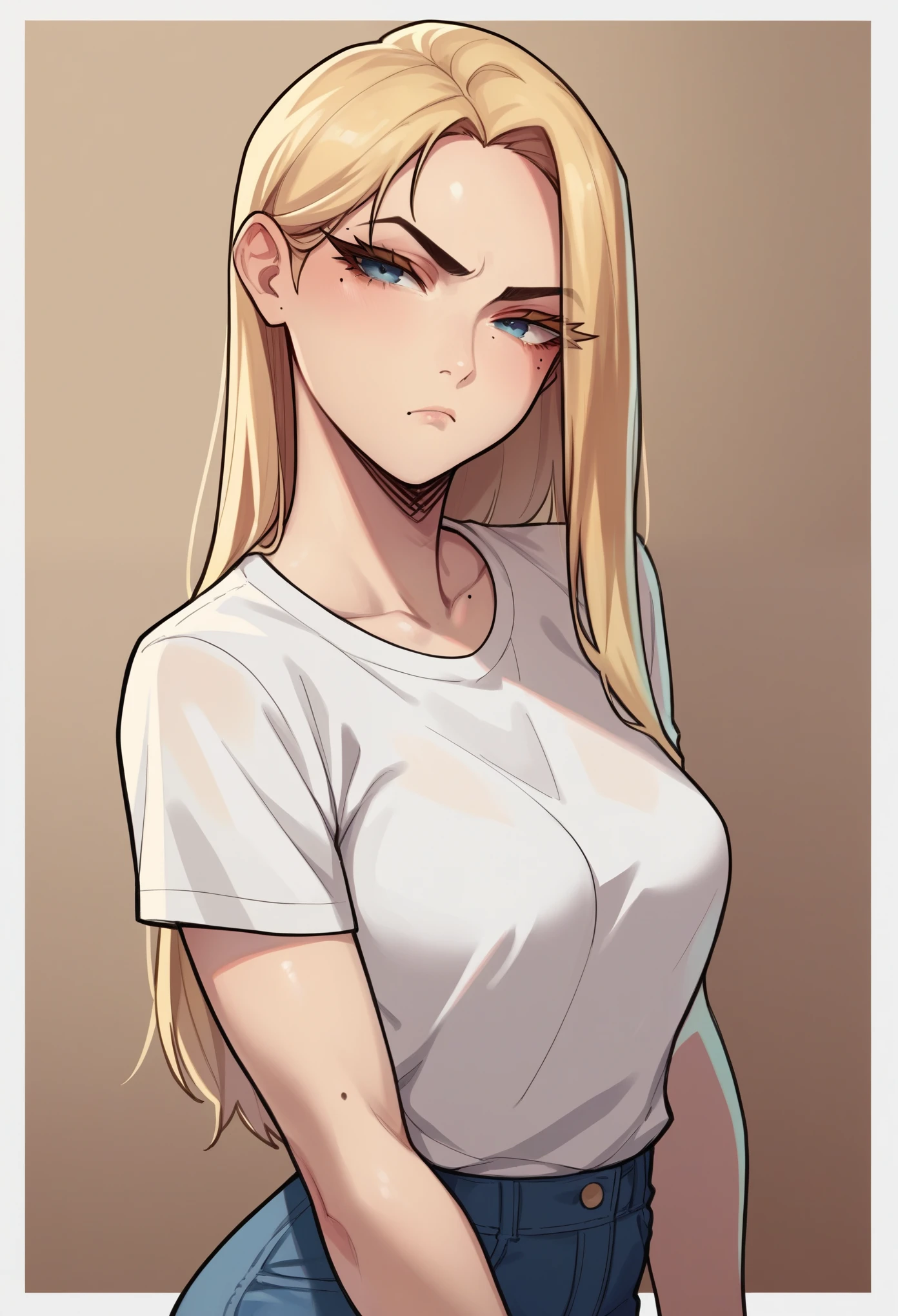 score_9, score_8_up, score_7_up, score_6_up, score_5_up, score_4_up, source_cartoon, rating_safe, by stopu4, 1girl, pale skin, beauty mark under one eye, pout, large eyelashes, white shirt, medium breasts, portrait, torso shot, long straight blonde hair,