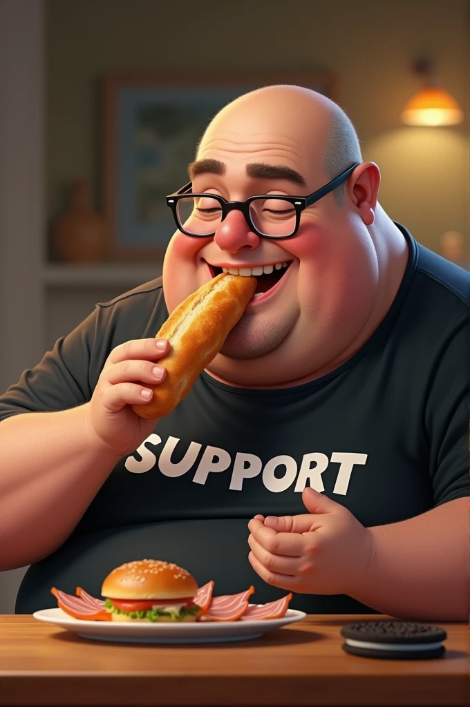 white male, baldie, fatter, cheeky, Large belly, with glasses, eating baguette bread with ham, Oreo cookie on a table, wearing a black shirt with the word SUPPORT written on it.