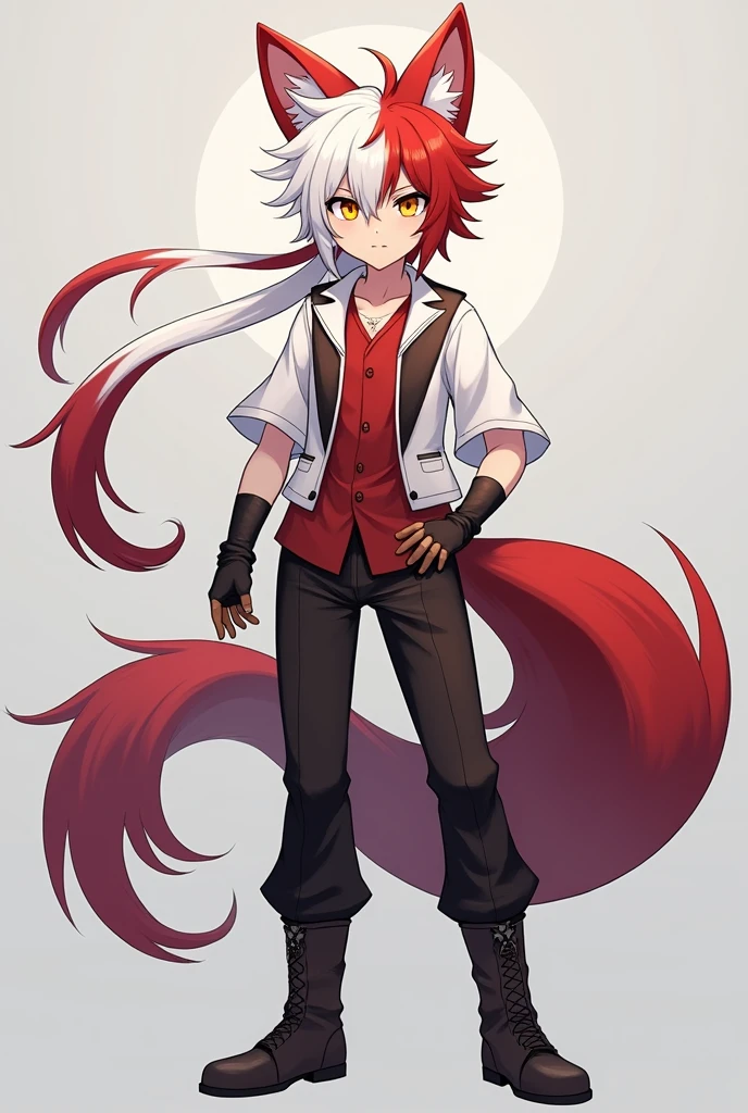 Create a Kitsune with half white and half red hair, with a ponytail, with fringe on the left side, yellow eyes, eyes large, humanoid, with ears and nine tails, o nome dele é Kito Kaiiatsubaky, White blouse with red shirt, black pants and men's boots,with gloves, Personalidade: always cheerful and lively and willing to protect his friends and companions.