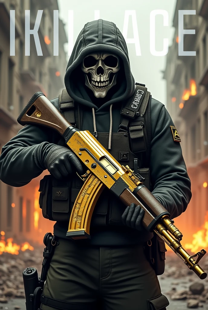 Call of Duty character Ghost carrying a gold made AK117 Assault Rifle, Written "iKillAce" in background with bullet holes and destroyed city burning.