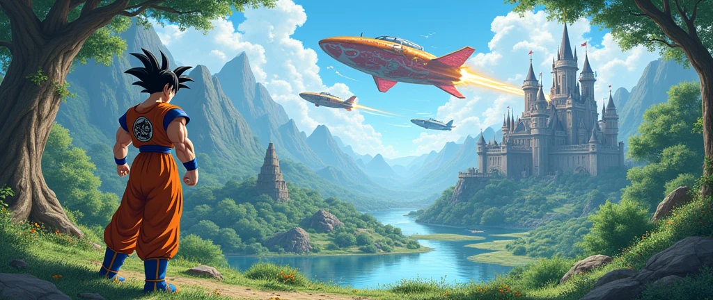 PSD images background scenery Forest with Castle Lakes Carousel and with Goku in front plus Vegeta fighting in a spaceship on the right side