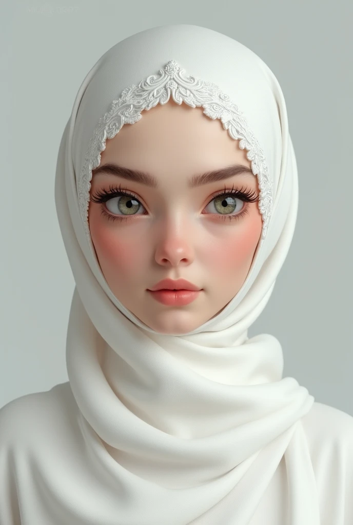 A emma myers,,perfect eyes,with elegance white hijab,medium body,eyes wink expression,,pm, 3d render
